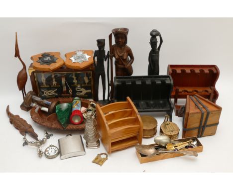 A collection of homewares and collectables, to include carved wood figures, pipe stands, loose cutlery, harmonica, child's to