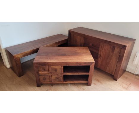 A modern sideboard having three central drawers flanked by two cupboard doors, W-35 H-70 D-45, together with a long side tabl