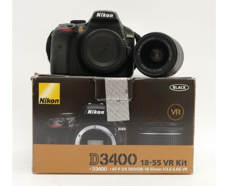 A boxed Nikon D3400 DSLR camera, with 18-55mm lens. Condition:Shutter Count: 636.This device powered on when tested with a fr