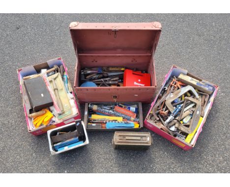 A collection of small hand tools, also cardboard tray boxes, fibreboard trunking, metal safety box and a stainless steel bowl