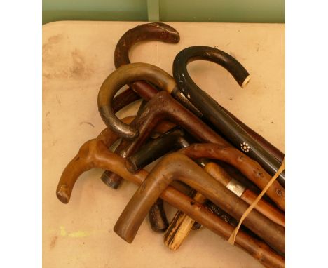 A selection of early to mid 20th century walking sticks and canes, to include fruit wood, palm wood and bamboo, having horn, 