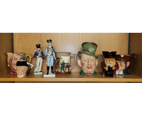 A collection of six 20th century pottery character jugs, makers to include Royal Doulton, Crown Devon and Beswick, together w