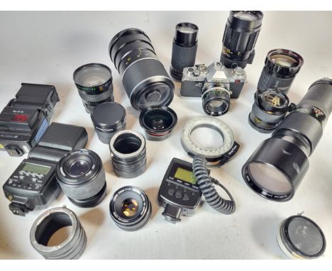 A Collection of Camera Lenses, to include a 500mm f/8 Mirror lens, a macro ring flash