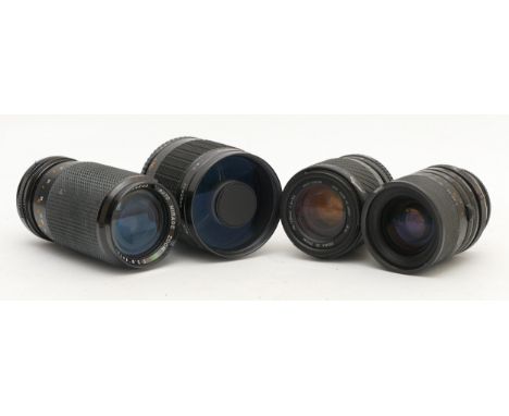 Four various camera lenses, to include a 500mm f/8 Centon mirror lens with FD and EOS converter