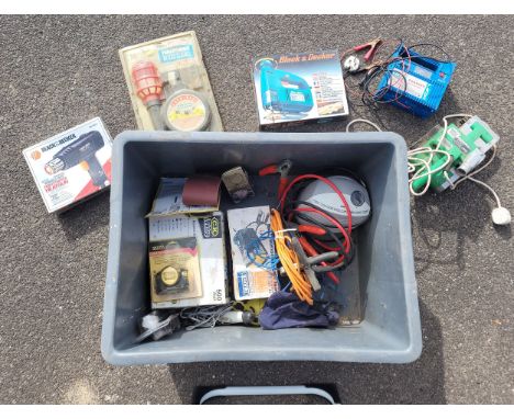 A large box containing a collection of power tools, also a quantity of electrical consumables.