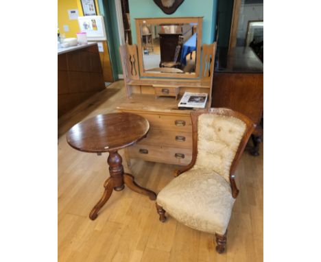 A 20th century striped pine dressing table, H151cm, W91cm, D45cm, together with an Edwardian mahogany nursing chair and a mah