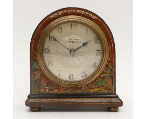 A mid 20th century French cloisonné mantel clock, the painted mahogany case of oriental landscapes with figures and exotic bi