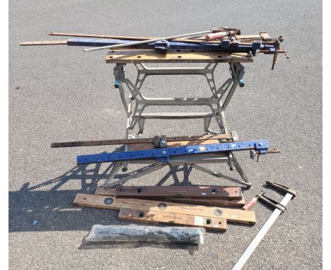 A B&amp;Q Workmate, also a collection of sash clamps, clamps, sprit levels and 'T' squares.