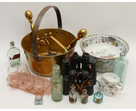 A collection of homewares, to include brass jam pan, brass fireside stands, early pop and medicine bottles, two pairs of bino