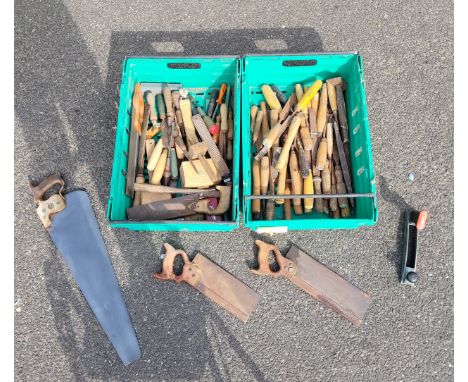 Two boxes containing a collection of carpenters tools. 