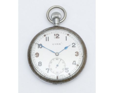 CYMA, a British Military keyless wind open face pocket watch, back cover engraved, Broad Arrow over G.S.T.P. over M 94866, 51