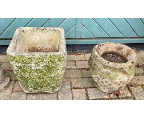 A reconstituted square garden planter, 32 x 35cm and an urn shaped example, 39cm (2)