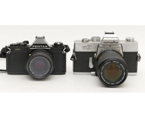 Two cameras, a Minolta SRT Super with 135mm f/3.5 lens, and a Pentax with 50mm lens