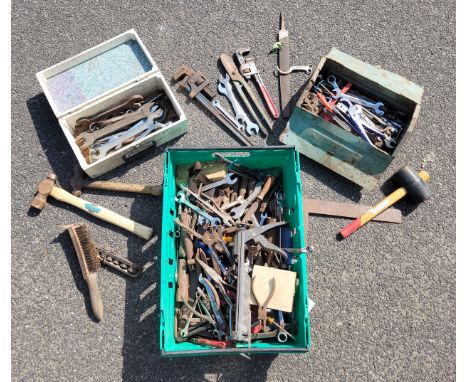 A box containing a collection of engineering hand tools, also a small metal toolbox and a small wooden toolbox. c