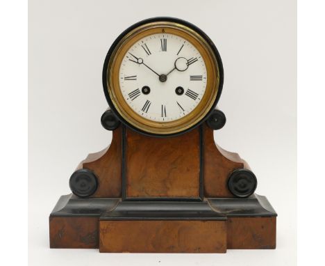 A late 19th century French 8 day striking mantel clock, having enamelled white dial with Roman numerals, the movement strikin