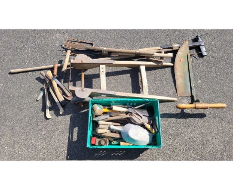 Two boxes containing a collection of hand tools, also a collection of gardening tools to include a sack barrow.
