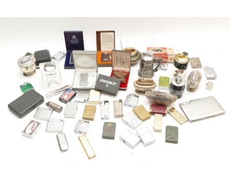 A collection of cigarette lighters, to include pocket and table examples, makers Ronson, Colibri, Win, Kingsway and others, p