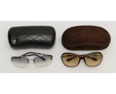 Two pairs of designer sunglasses, to include Chanel 4113 c. 124/8G 65/15 120, rectangular black frames with silver tone accen