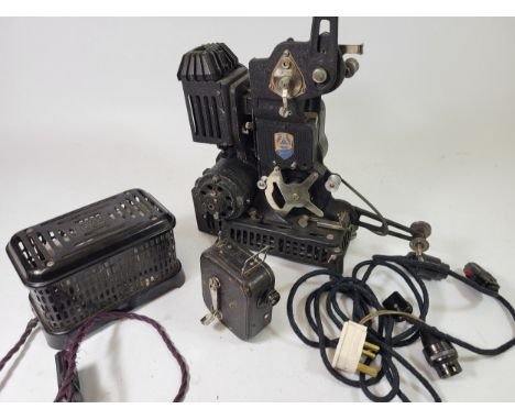 A Pathescope 9.5mm Movie Projector, with Pathex power supply, associated cables, a Pathe Baby hand cranked cine camera