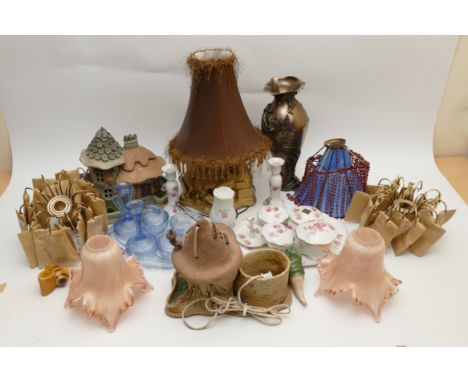 A collection of homewares, to include a pair of 1960s vaseline glass light shades, glass drop light shades, novelty bedside l