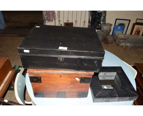 Vintage metal cash box together with a further small hardwood metal bound chest (2)