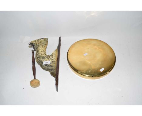 Vintage brass mounted dinner gong, the support formed as a camels head