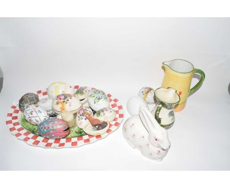 Collection of various ceramic eggs, meat plate decorated with chickens and other items