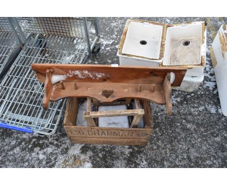 Mixed Lot: Vintage wooden crate, stool and a coat rack