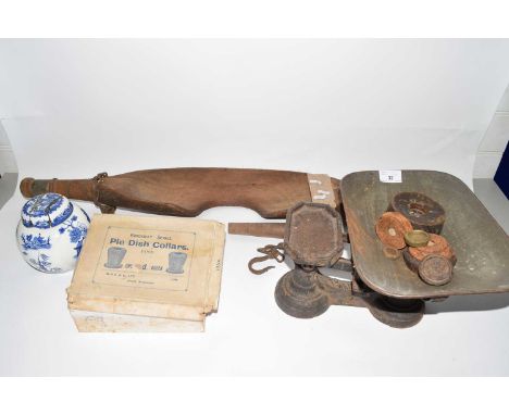 Mixed Lot: Vintage kitchen scales, vintage turned wooden yolk, a box of pie dish collars and other items