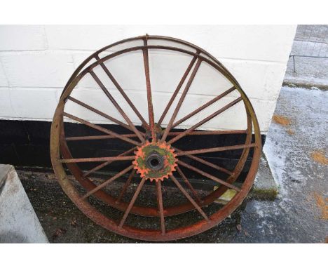 Pair of vintage iron wheels, 112cm diameter
