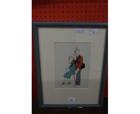 Contemporary sketch of two animals dressed in clothes, ink and wash laid on paper, mounted and framed.