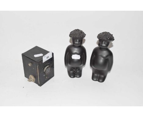 Mixed lot comprising a baby Hawkeye camera together with a pair of modern ceramic figures