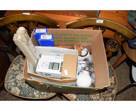 Box of various assorted light bulbs, timer switch and other items