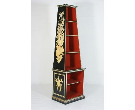 Decorative painted obelisk display stand, modern, the top with painted musical trompe l'oeil sides, open shelves over a strai