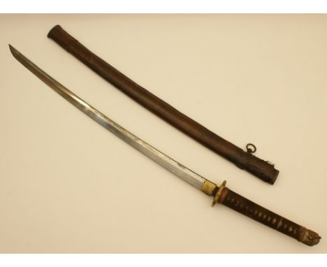 Tokyo School, Japanese Second World War period Katana, with shagreen and brown bound cord grip, cast brass tsuba, lacquered w