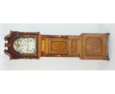 J Griffiths, Caernarvon, oak and mahogany eight day longcase clock, circa 1830-50, swan neck pediment over double turned colu