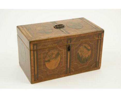 George III mahogany and inlaid tea caddy, circa 1790, rectangular form inlaid with ebony and boxwood stringing, with oval amb
