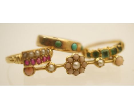 Ruby and pearl dress ring in unmarked yellow gold, size P, 3.2g; also a Victorian ring set with five green stones, untested b