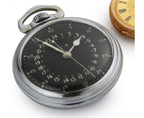 Hamilton aviator's nickel cased pocket watch, black dial, centre sweep seconds, 24 hour divisions, the screw back inscribed '