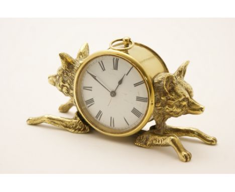 Hunting interest: Edwardian brass mantel timepiece, white enamelled dial with Roman numerals, keywind movement set within a b