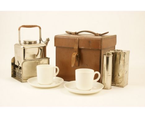 Vintage motoring travelling tea set by R Lansdowne, Jermyn Street, London, calf leather carrying case enclosing a nickel plat