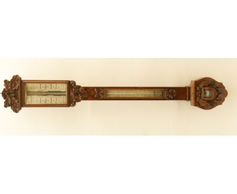 Chadburn & Son, Lord Street, Liverpool, fine Victorian walnut stick barometer, circa 1850-60, having a carved oak leaf and ac