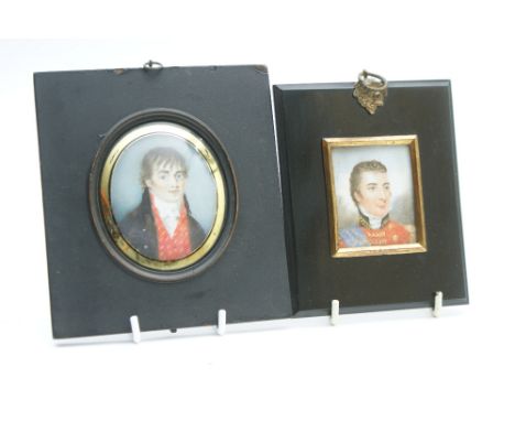 English School (early 19th Century), Portrait miniature of a young man in a black jacket and red waistcoat, on ivory, oval 70