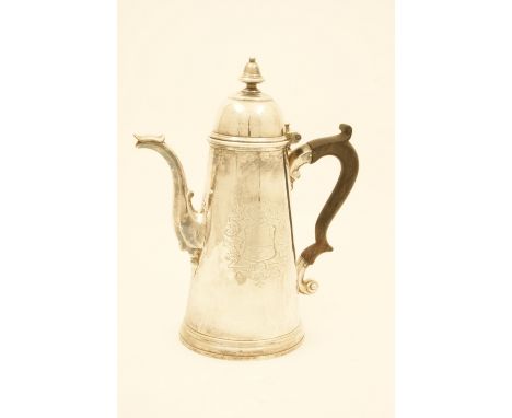 George II silver coffee pot, maker probably Joseph Collier, Exeter 1727, tapered form with domed cover, hinged and with bell 