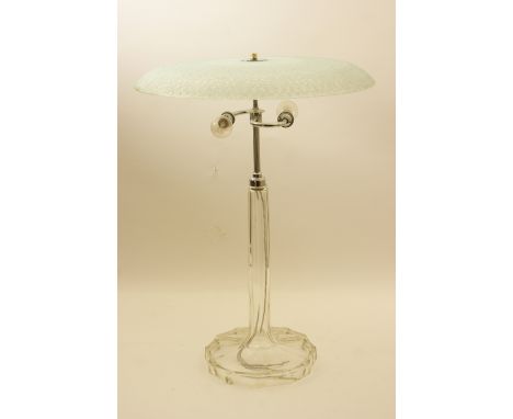 Modernist cut glass table lamp, wide saucer like frosted shade over two chromed light fittings and a clear cut hexagonal colu