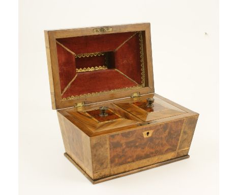 Victorian burr walnut and inlaid tea caddy, circa 1850, sarcophagus shape with raised top, inlaid with a Tunbridge foliate pa