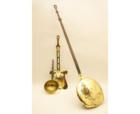 Georgian brass and steel warming pan, 108cm, also a 19th Century brass skimmer, 60cm and a 19th Century brass and steel ladle
