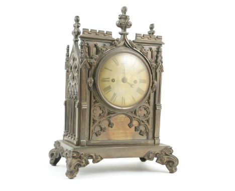 Greenhalgh, Manchester Gothic Revival brass bracket clock, brass dial, double fusee striking movement (gong/bell deficient), 