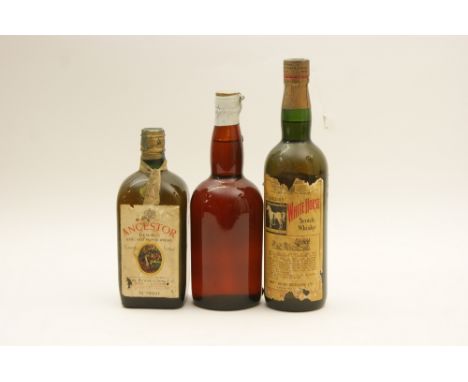 Dewars Ancestors Rare Old Scotch Whisky, also White Horse Scotch Whisky, bottle no. 5462605, and a bottle of Haig Scotch Whis