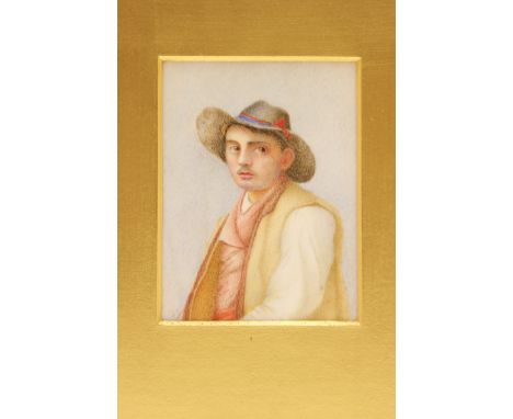 English School (mid 19th Century), Portrait miniature of a peasant in a wide brimmed hat and open jacket, on ivory, initialle